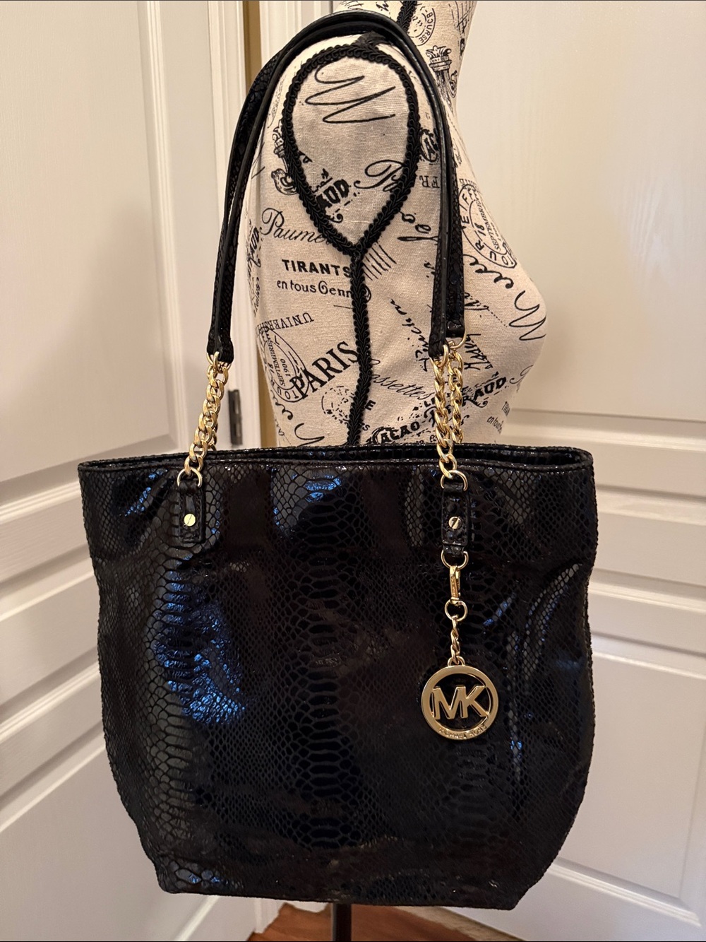 Michael Kors Black Patent Snake-Embossed Tote with Gold Hardware